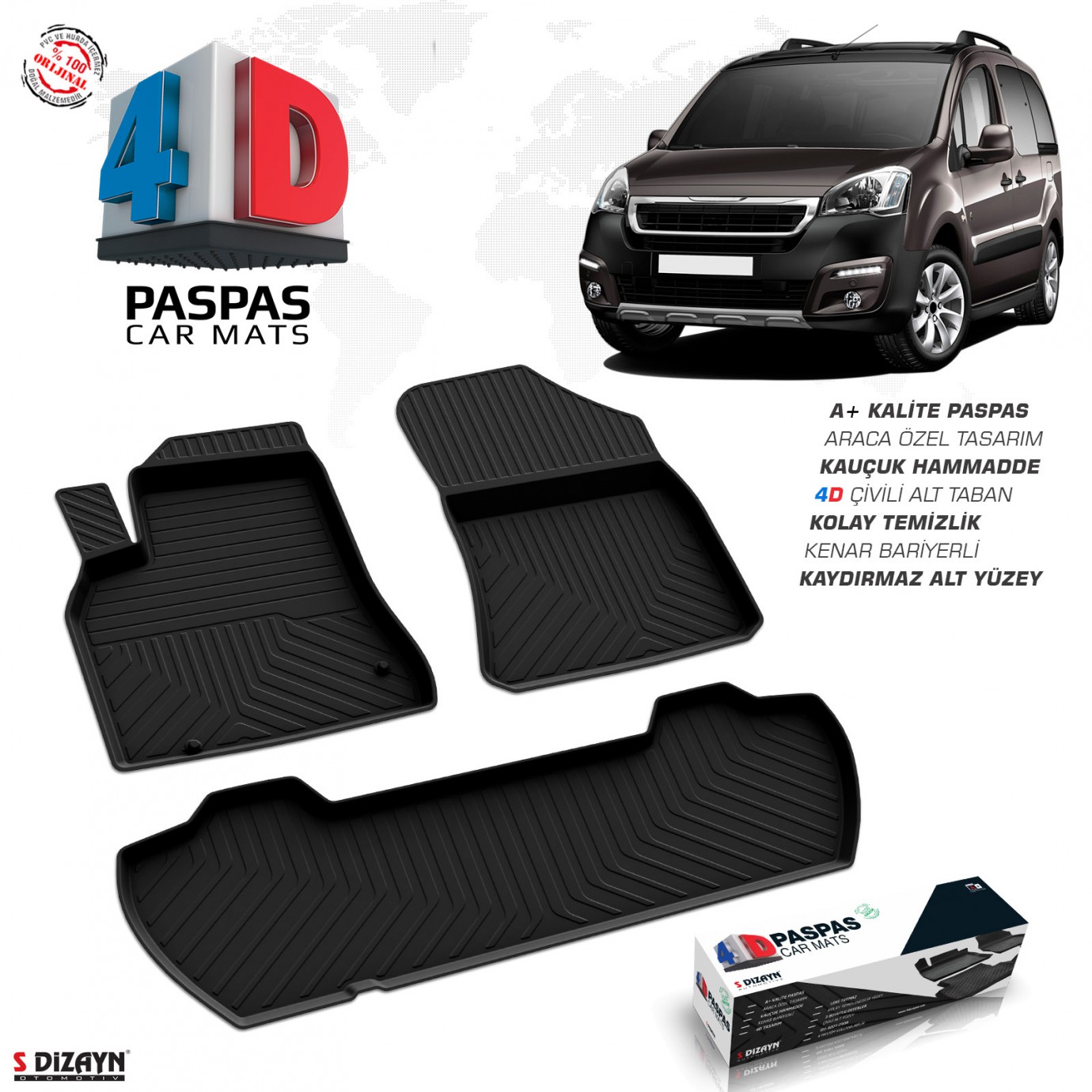 S-Dizayn Peugeot Partner Tepee 4D Havuzlu Paspas 2008-2018 90 HP A+Kalite