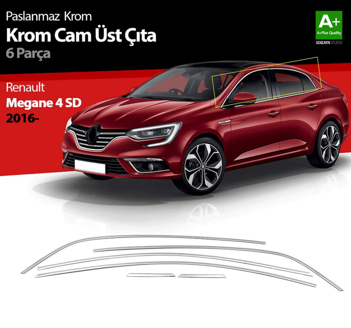 S-Dizayn Renault Megane 4 SD Krom Cam Üst Çıtası 6 Prç. 2016-2020