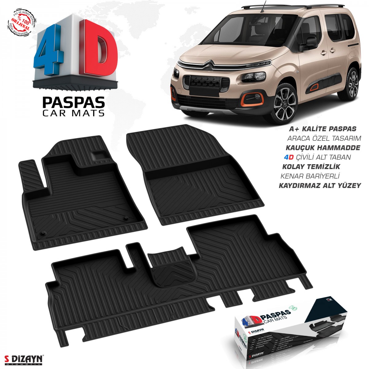 S-Dizayn Citroen Berlingo 4D Havuzlu Paspas 2019 Üzeri A+Kalite