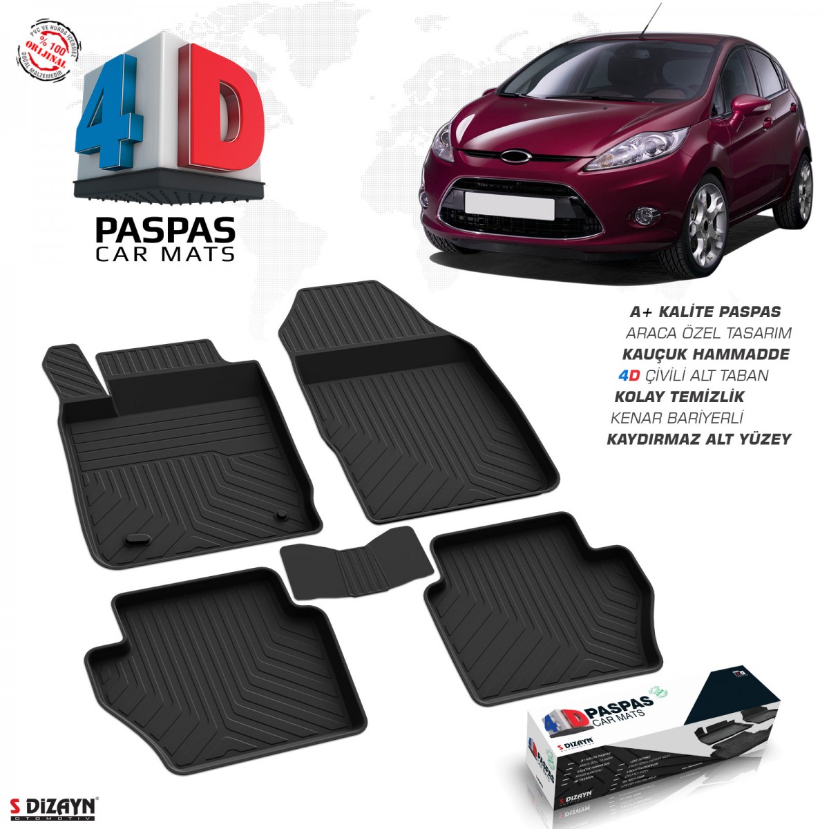S-Dizayn Ford Fiesta 4D Havuzlu Paspas 2009-2015 A+Kalite