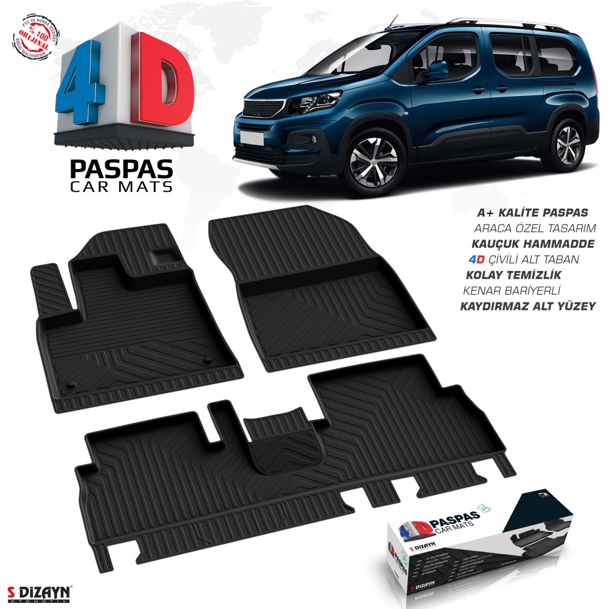 S-Dizayn Peugeot Rifter 4D Havuzlu Paspas 2019 Üzeri A+Kalite