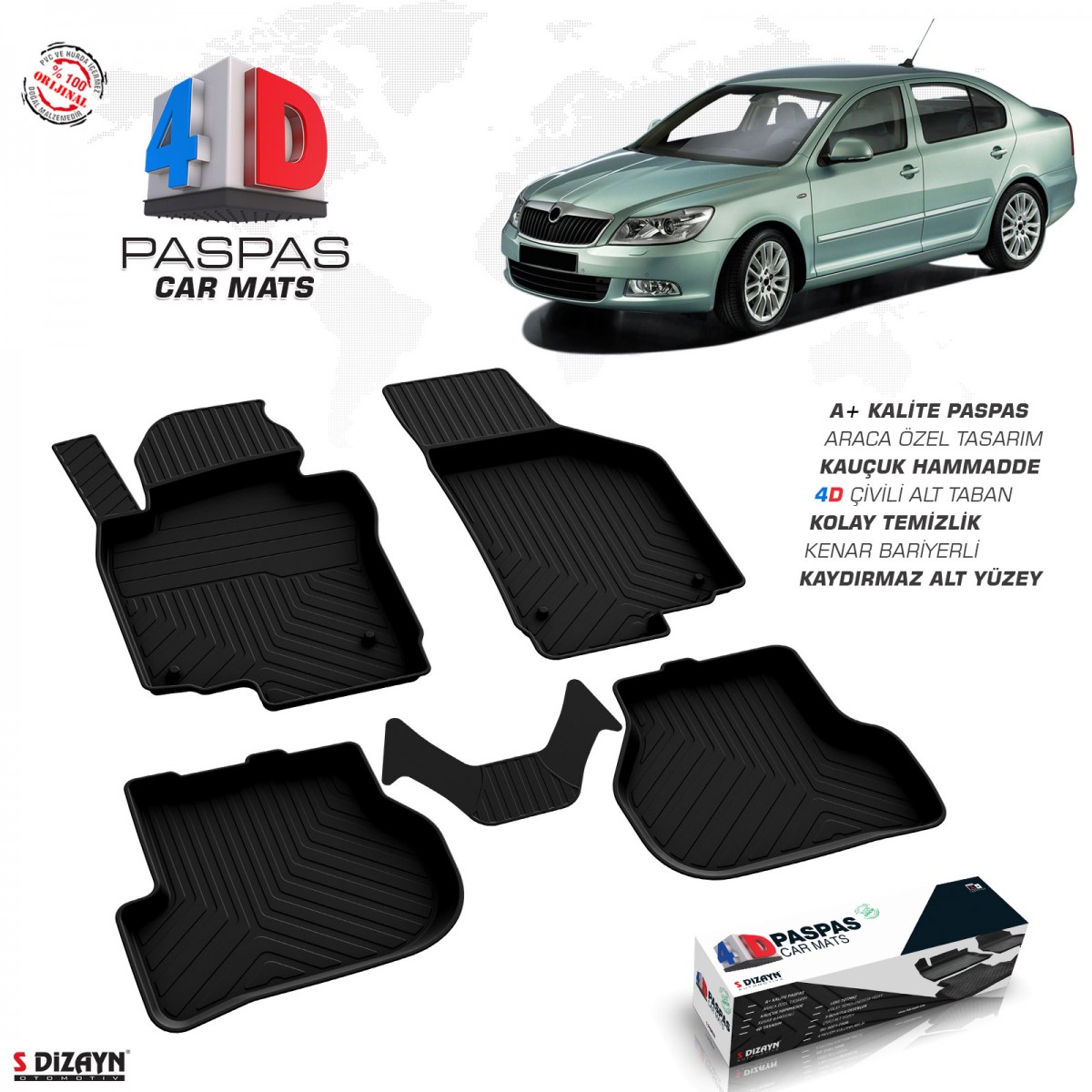 S-Dizayn Skoda Octavia A5 4D Havuzlu Paspas 2008-2013 A+Kalite