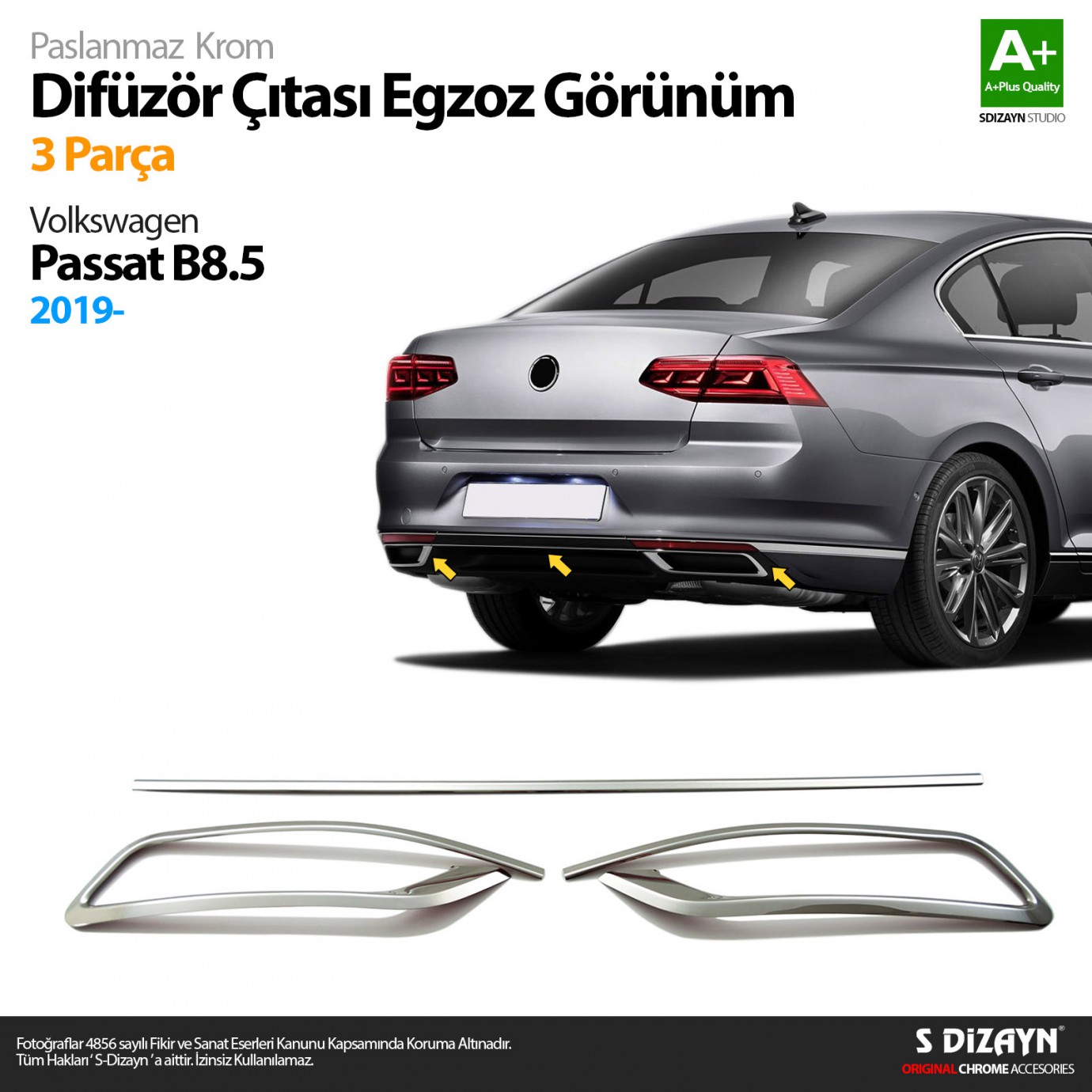 S-Dizayn VW Passat B8.5 Krom Egzoz Görünümü Difüzör Çıtası 3 Parça 2019-2023