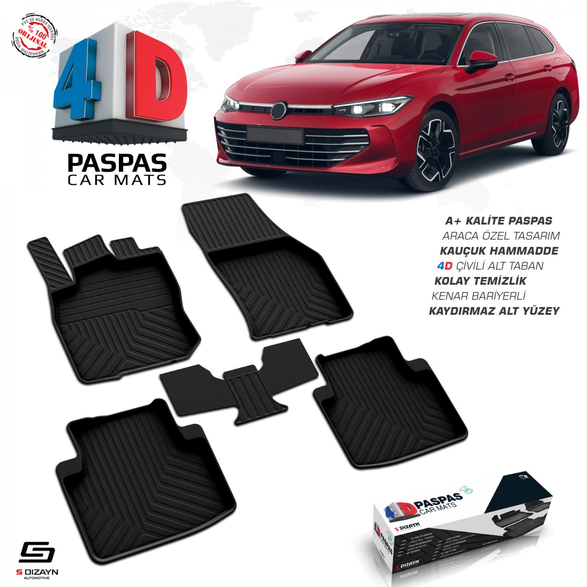 S-Dizayn VW Passat B9 4D Havuzlu Paspas 2024 Üzeri A+ Kalite