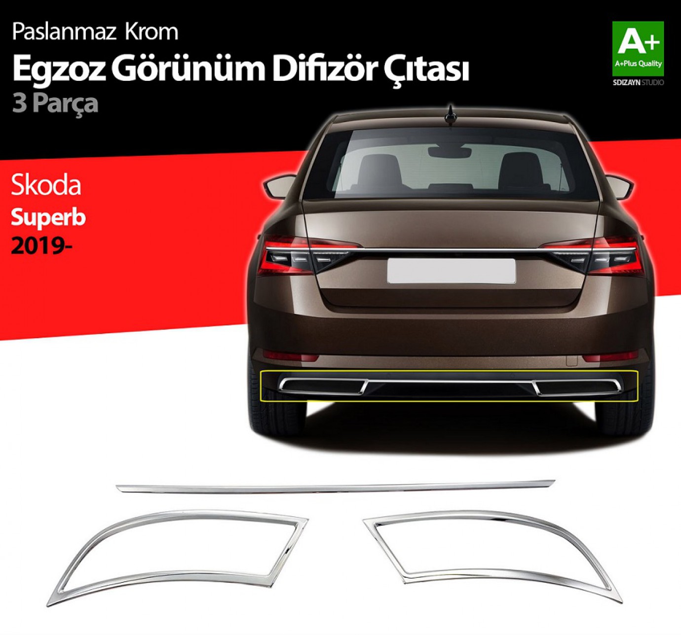 Skoda Superb Krom Egzoz Çıkışı 3 Parça Set 2020 ve Üzeri