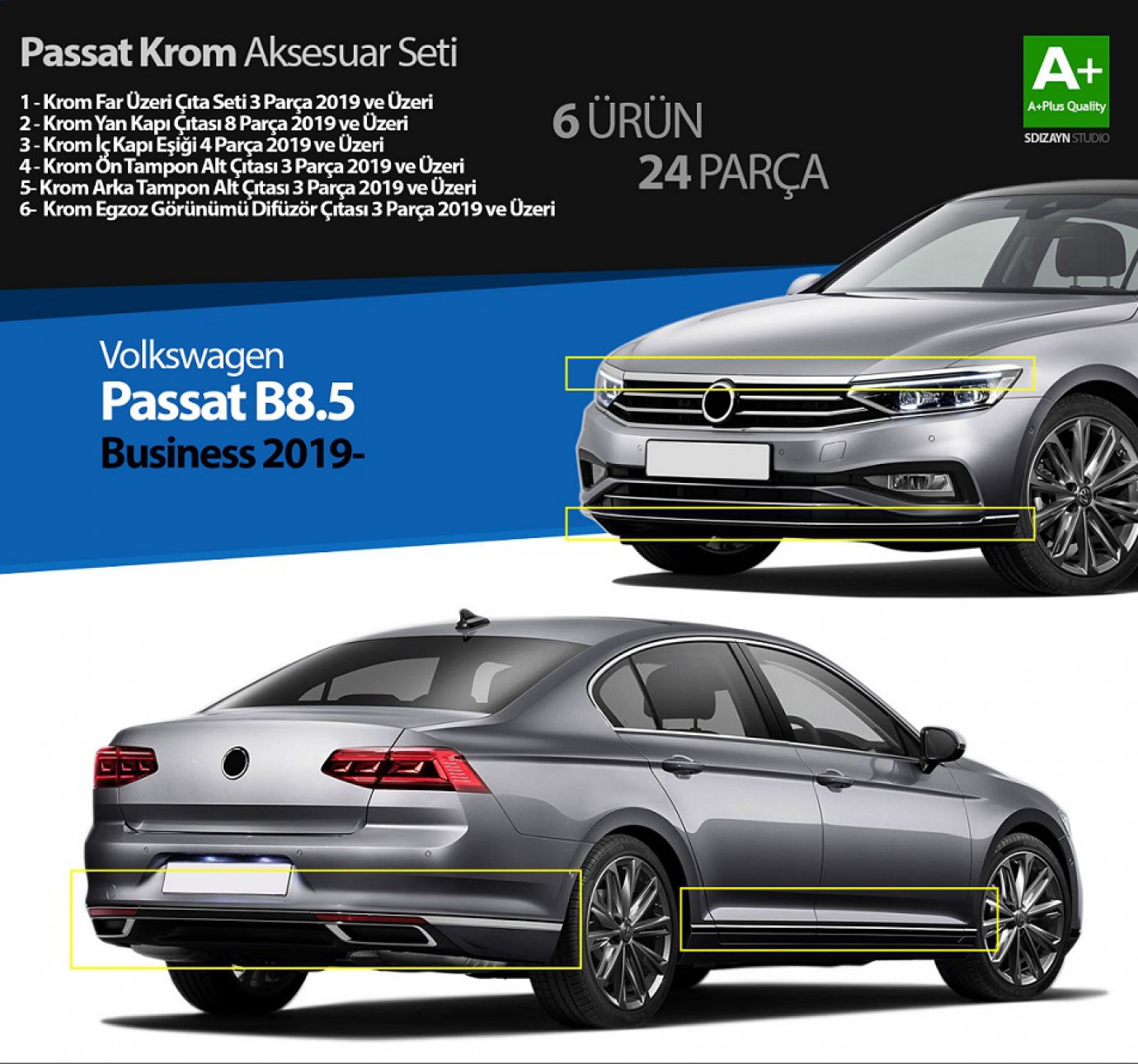 VW Passat B8.5 Business Krom Aksesuar Seti 24 Parça A+Kalite