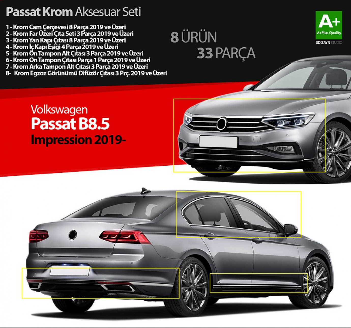 VW Passat B8.5 Impression Krom Aksesuar Seti 33 Parça A+Kalite