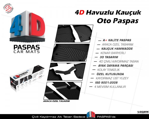 S-Dizayn Ford Tourneo Custom 4D Havuzlu Paspas 2012-2023 A+Kalite