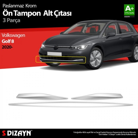 S-Dizayn VW Golf 8 HB Krom Ön Tampon Alt Çıtası 3 Prç. 2020-2024