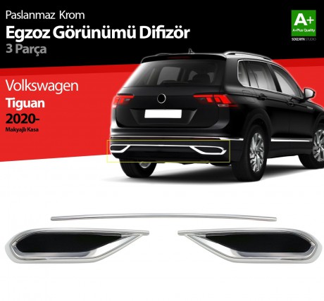S-Dizayn VW Tiguan Krom Egzoz Görünümü Difüzör 3 Parça 2020-2024 A+Kalite